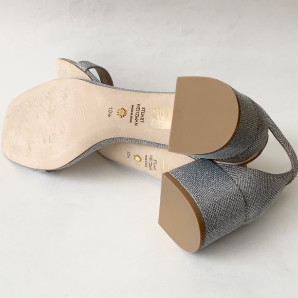 Stuart Weitzman Nudistcurve 35 Silver Block Heel Ankle Strap Sandals Pumps 10.5 - Picture 6 of 9
